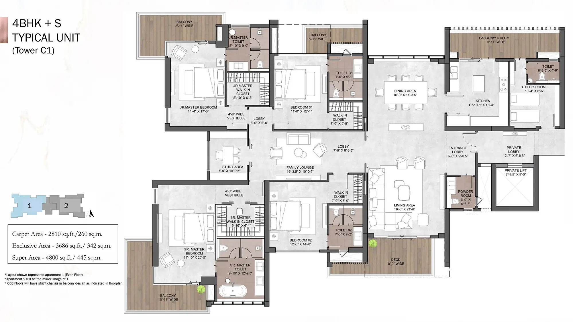 Silverglades Legacy Primo Floor Plan - 4 BHK + Servant Apartments
